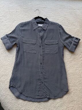 Equipment Navy  and White Striped Silk Button-Down Shirt